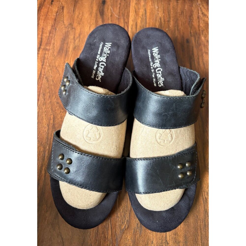 Walking Cradles Women's Black Wedge Strap Leather Sandals Size 9